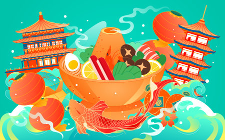 Hot pot ingredients background poster celebrating chinese new year new year's eve food illustrationの素材 [FY310178812229]