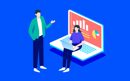Business cooperation characters isometric illustration office meeting computer communication poster