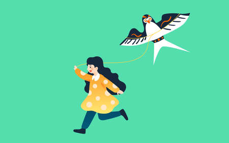 Spring kid flying kite illustration lichun character outdoor outing posterのイラスト素材
