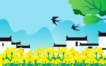 Spring rape flower landscape illustration spring festival qingming festival event posterのイラスト素材