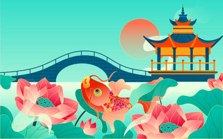 Hand drawn national tide koi lotus background illustration chinese style ancient building posterのイラスト素材