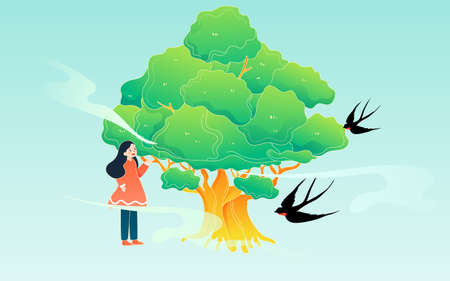 spring festival atmosphere illustration spring character travel green landscape event posterのイラスト素材