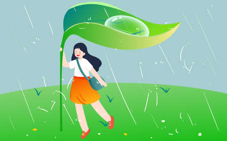 rain solar term illustration spring girl rainy day leaves activity posterのイラスト素材