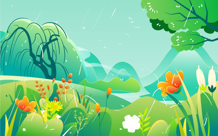 Grain rain solar term illustration spring character rain umbrella scenery event posterのイラスト素材