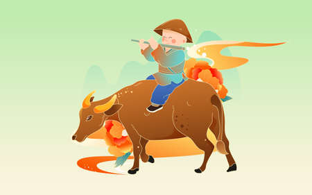 Tomb-sweeping day shepherd boy herding cattle country tide illustration spring cattle herding baby playing flute posterのイラスト素材