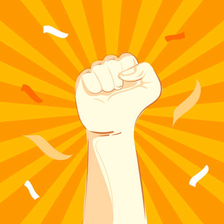 May 1st Labor Day, hand holding labor tools in fist, vector illustration