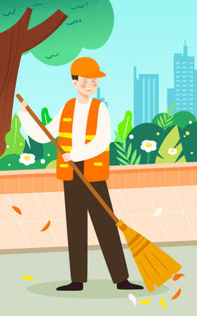 Sanitation worker is cleaning the street with city buildings and plants in the background, labor day vector illustrationのイラスト素材