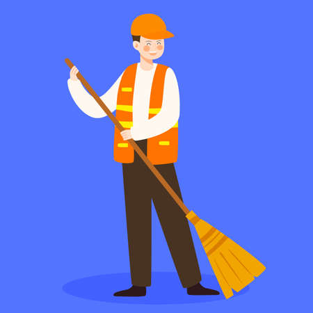 Sanitation worker is cleaning the street with city buildings and plants in the background, labor day vector illustrationのイラスト素材