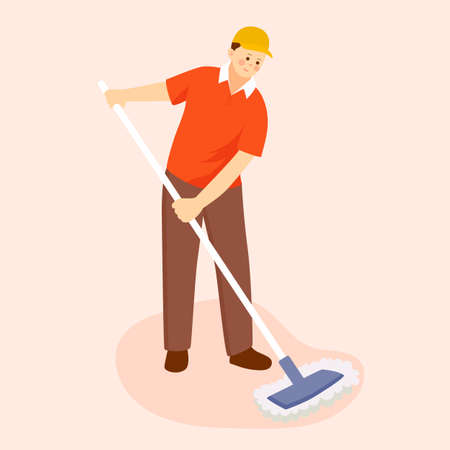 Character mopping floor in kitchen at home, labor day vector illustrationのイラスト素材