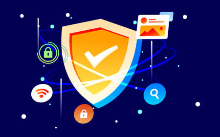 Internet data security, shield surrounded by various icons, vector illustration