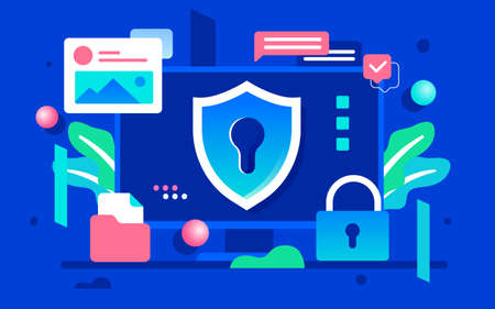 Computer with shield, internet network security, vector illustration