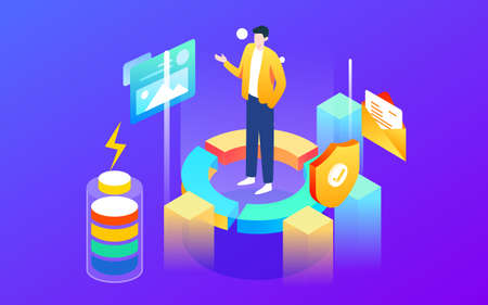 Business people are communicating and talking, surrounded by various data, isometric vector illustrationのイラスト素材