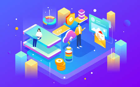 Business people are communicating and talking, surrounded by various data, isometric vector...