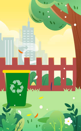 Sanitation workers are cleaning the environment with city buildings and trees in the background, vector illustrationのイラスト素材