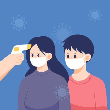 Measuring body temperature, epidemic protection, COVID-19, vector illustration, Chinese translation: community temperature detectionのイラスト素材