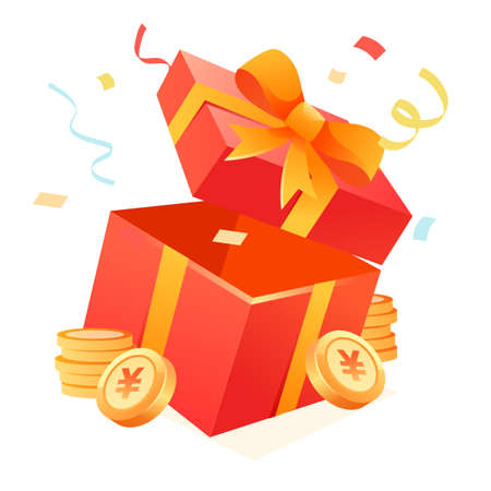 Opened gift box with gold coins and ribbons, vector illustrationのイラスト素材