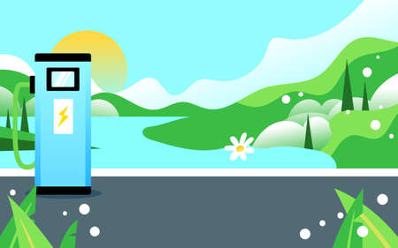 New energy vehicle is charging at a charging pile with mountains and river in the background, vector illustrationのイラスト素材