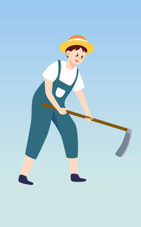 Farmer is hoeing with a hoe, farmland and plants in the background, vector illustrationのイラスト素材