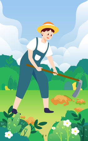 Farmer is hoeing with a hoe, farmland and plants in the background, vector illustrationのイラスト素材