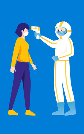 Doctor taking temperature of girl, covid-19 prevention and control, vector illustrationのイラスト素材