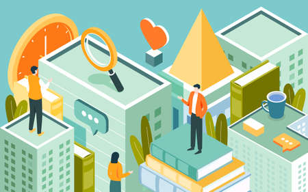 Isometric people and books, world book day, vector illustrationのイラスト素材