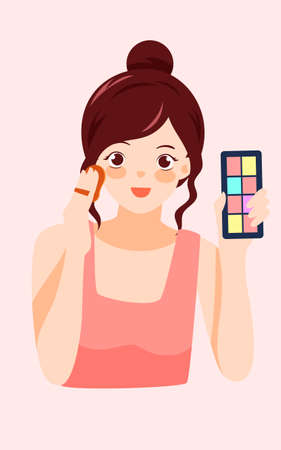 Anchorman explaining beauty techniques during make-up on live broadcast, vector illustrationのイラスト素材