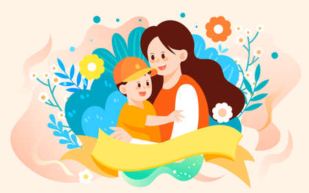 Mother's day mother hugs her little child among flowers with various plants and flowers in the background, vector illustrationのイラスト素材