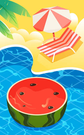 The girl lies on a watermelon and swims in a pool, vector illustrationのイラスト素材