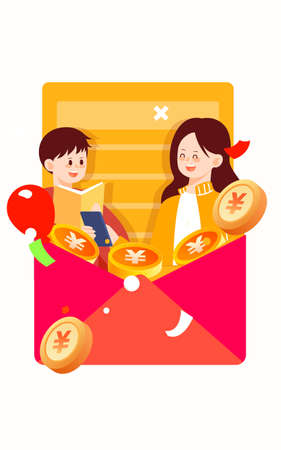 The character is inside an envelope surrounded by gold coins and coupons, vector illustrationのイラスト素材