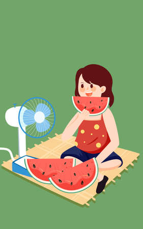 Girl sitting on lawn eating watermelon blowing fan, vector illustrationのイラスト素材