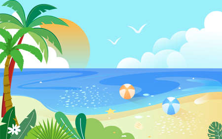 Family travel by the beach in summer with sea and trees in the background, vector illustration