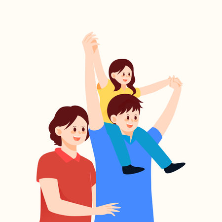 Family travel by the beach in summer with sea and trees in the background, vector illustrationのイラスト素材