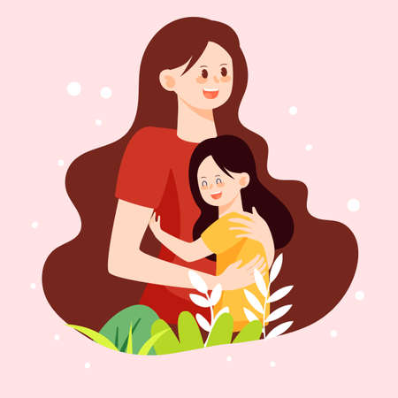 Mother and daughter hugging together with plants and landscape in the background, vector illustrationのイラスト素材