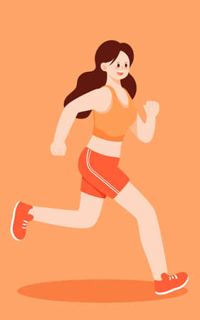 Girl is running to lose weight, with summer trees and plants in the background, vector illustrationのイラスト素材
