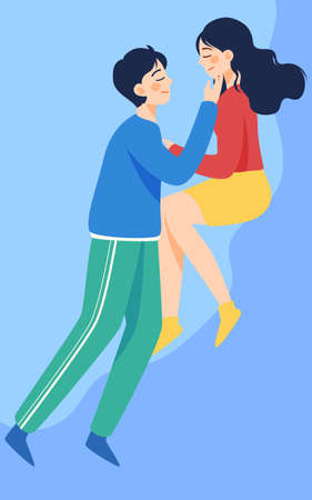 Valentines day couple dating and kissing with flowers and plants in the background, vector illustrationのイラスト素材