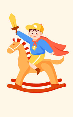 Children day boy is playing on a wooden horse with clouds and plants in the background, vector illustrationのイラスト素材