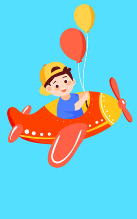 Children day boy is playing in a plane with clouds and plants in the background, vector illustrationのイラスト素材