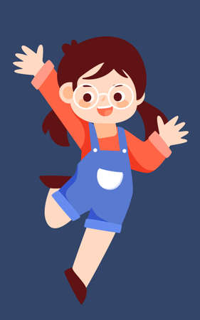 Children day girl jumping with joy for her birthday gift, with gift boxes and balloons in the background, vector illustrationのイラスト素材