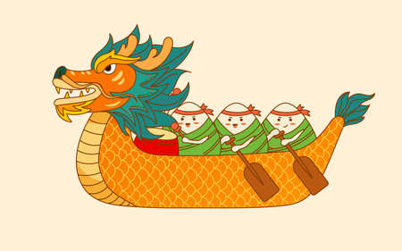 Dumplings are rowing a dragon boat for the Dragon Boat Festival with waves and mountain peaks in the background, vector illustrationのイラスト素材