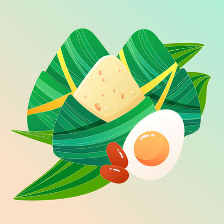 Eating rice dumplings on the Dragon Boat Festival with mountains and clouds in the background, vector illustrationのイラスト素材