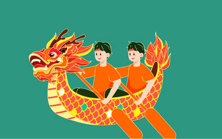 Dragon boat race in the river on the Dragon Boat Festival with waves and mountain peaks in the background, vector illustrationのイラスト素材
