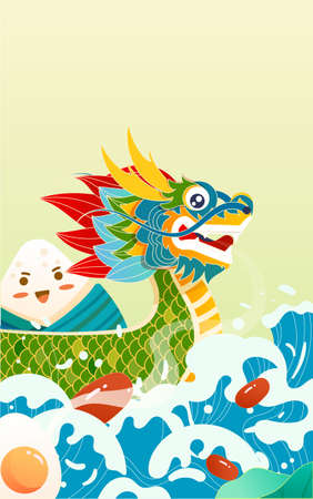 Dragon boat race in the river on the Dragon Boat Festival with zongzi and bamboo in the background, vector illustrationのイラスト素材