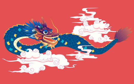 Dragon Boat Festival with rice dumplings in the sea and dragons in the sky, vector illustrationのイラスト素材