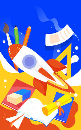 Boy sitting on a rocket and studying with paper and books in the background, vector illustrationのイラスト素材