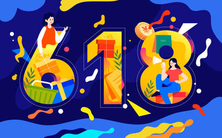 Girl is shopping with a lot of shopping bags, various goods and gift boxes in the background, vector illustrationのイラスト素材