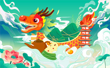 Dragon boat race on dragon boat festival, eating zongzi traditional food, vector illustrationのイラスト素材