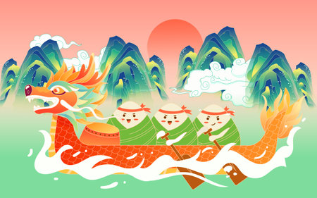 Dragon Boat Festival people racing dragon boats in the river with waves and zongzi in the background, vector illustrationのイラスト素材