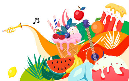 Summer music party, summer food ice cream to cool off the heat, vector illustrationのイラスト素材