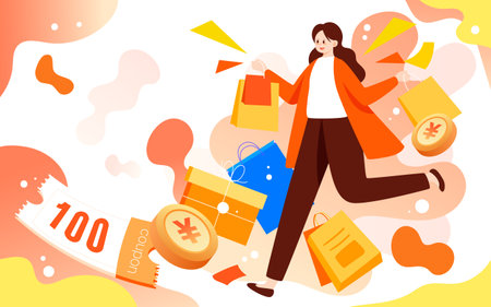 E-commerce shopping, girl pushing a shopping cart to buy items, vector illustrationのイラスト素材