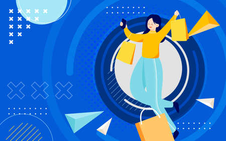 Girl is shopping with shopping bags, memphis background, vector illustrationのイラスト素材